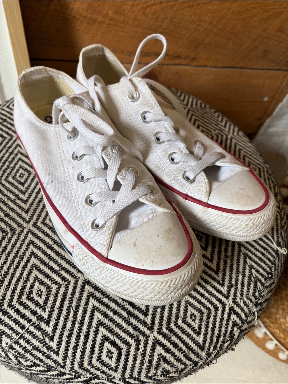 Converse White Canvas Low-Top Sneakers with Red Trim